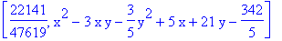[22141/47619, x^2-3*x*y-3/5*y^2+5*x+21*y-342/5]